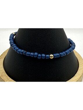Dainty Deep Blue Lapis Seed Bead Bracelet Gold Accent Minimalist Boho Stackable